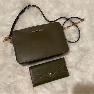 Authentic Olive green crossbody Michael Kors bag and wallet set.